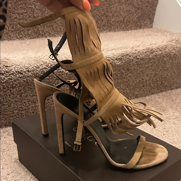 Gucci Tan Fringed High Heel Sandals - Picture 1 of 8